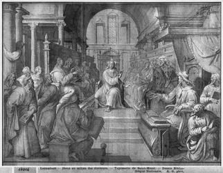 Leben Christi, Jesus unter den Doktoren, vorbereitende Studie eines Wandteppich-Kartons für die Kirche Saint-Merri in Paris, ca. 1585-90